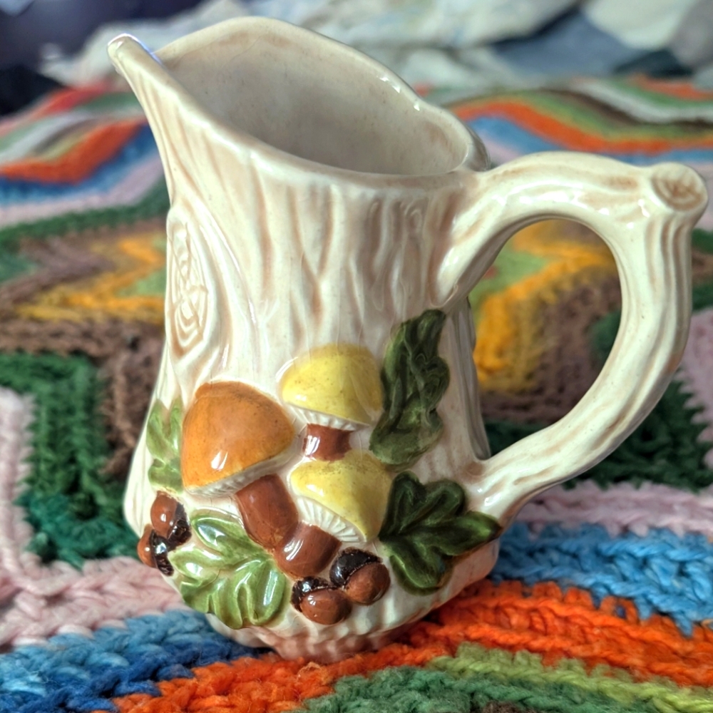 70s Vintage  Mushroom Ceramic Hand Painted Pitcher coffee tea drink kitsch Decor